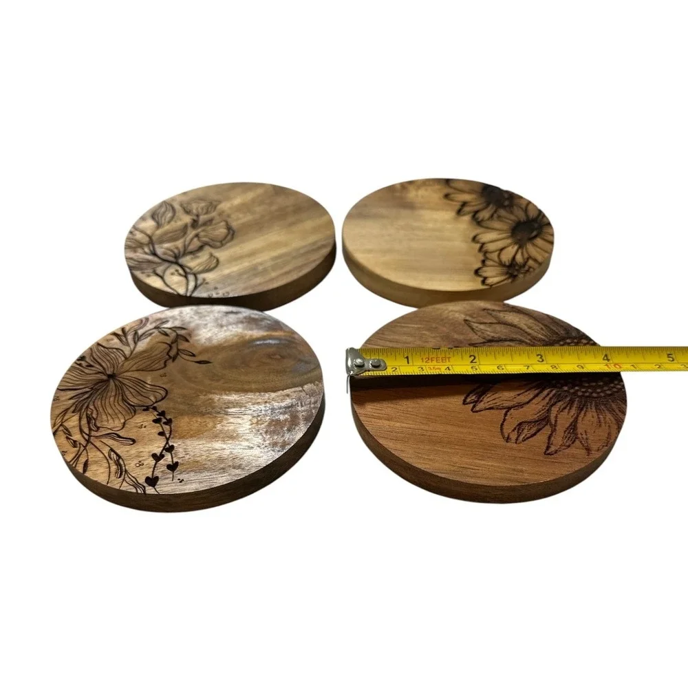 Set of 4 Wood Engraved Floral Coasters Natural Wood Round Various Wildflower 4in
